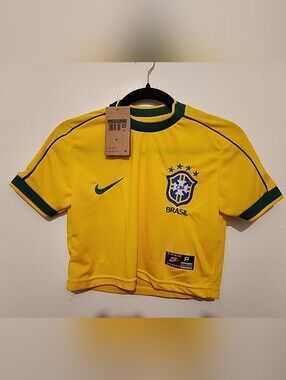 Nike Yellow Brasil Cropped Soccer Top with Green Trim